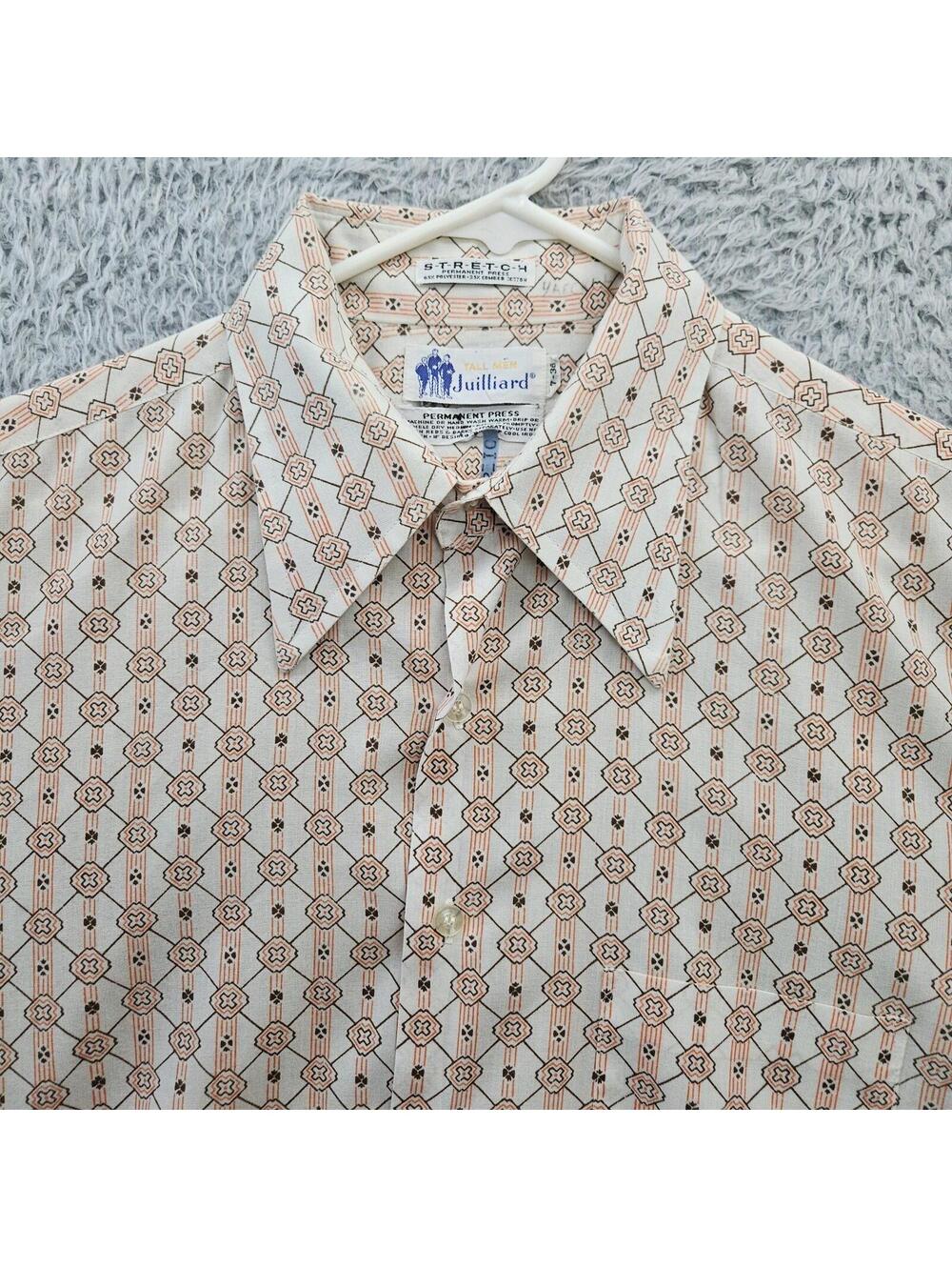 70's Vintage Shirt 17-36 Julliard Orange All Over Print Geometric w/Collar Stays - Picture 2 of 15